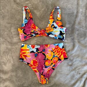 Bold Floral Two-Piece Bikini Set - Pink, Orange & Blue